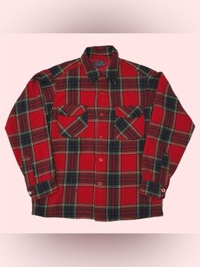 Vintage 60s 70s Pendleton Red Check Plaid Wool Long Sleeve Distressed Medium